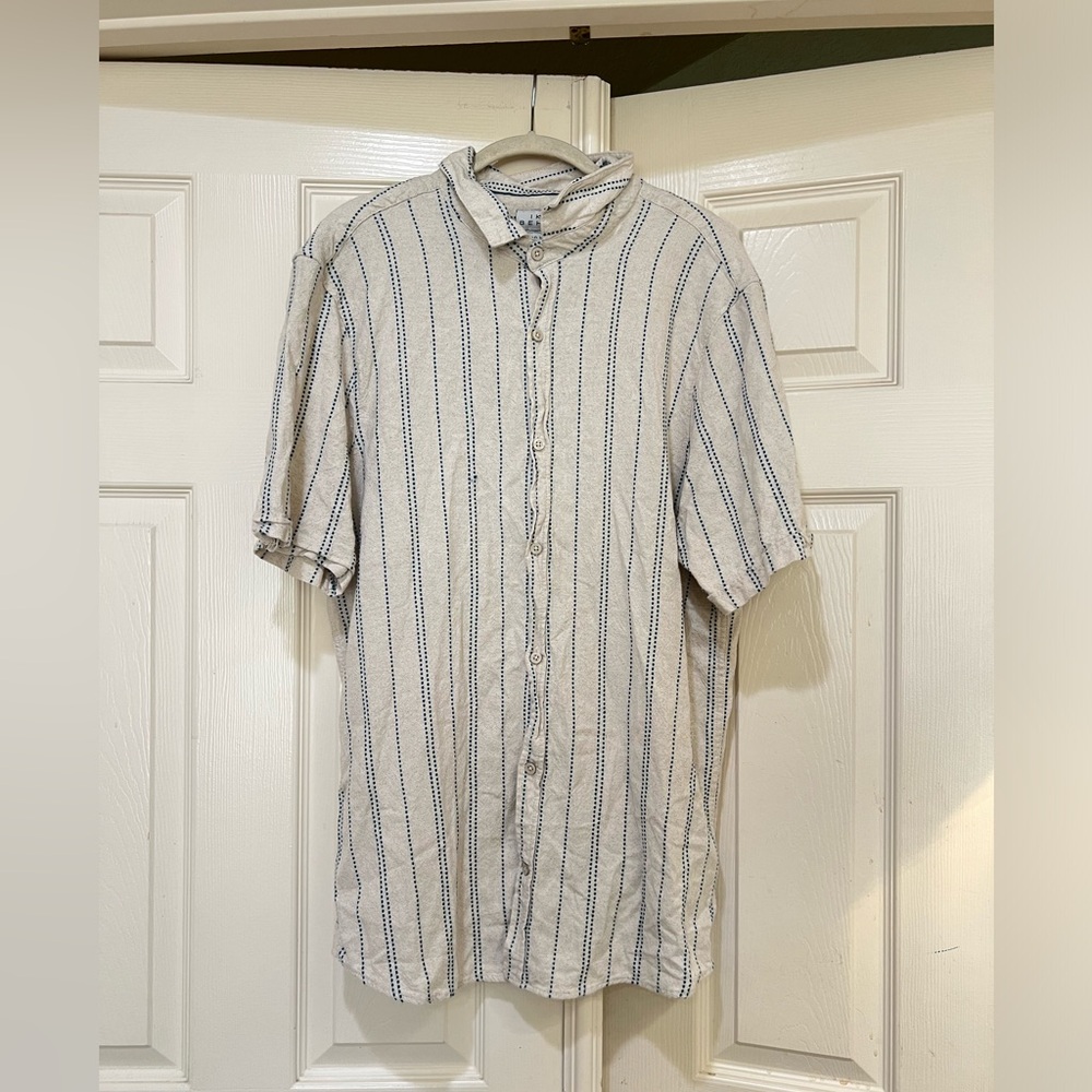 IKE BEHAR Men's XL Neutral Blue Stitching Linen Blend Short Sleeve Shirt Camp